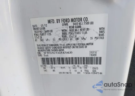 2012 Ford F-150 Xlt z USA, uszkodzony, nr VIN 1FTFX1CT3CFA70630